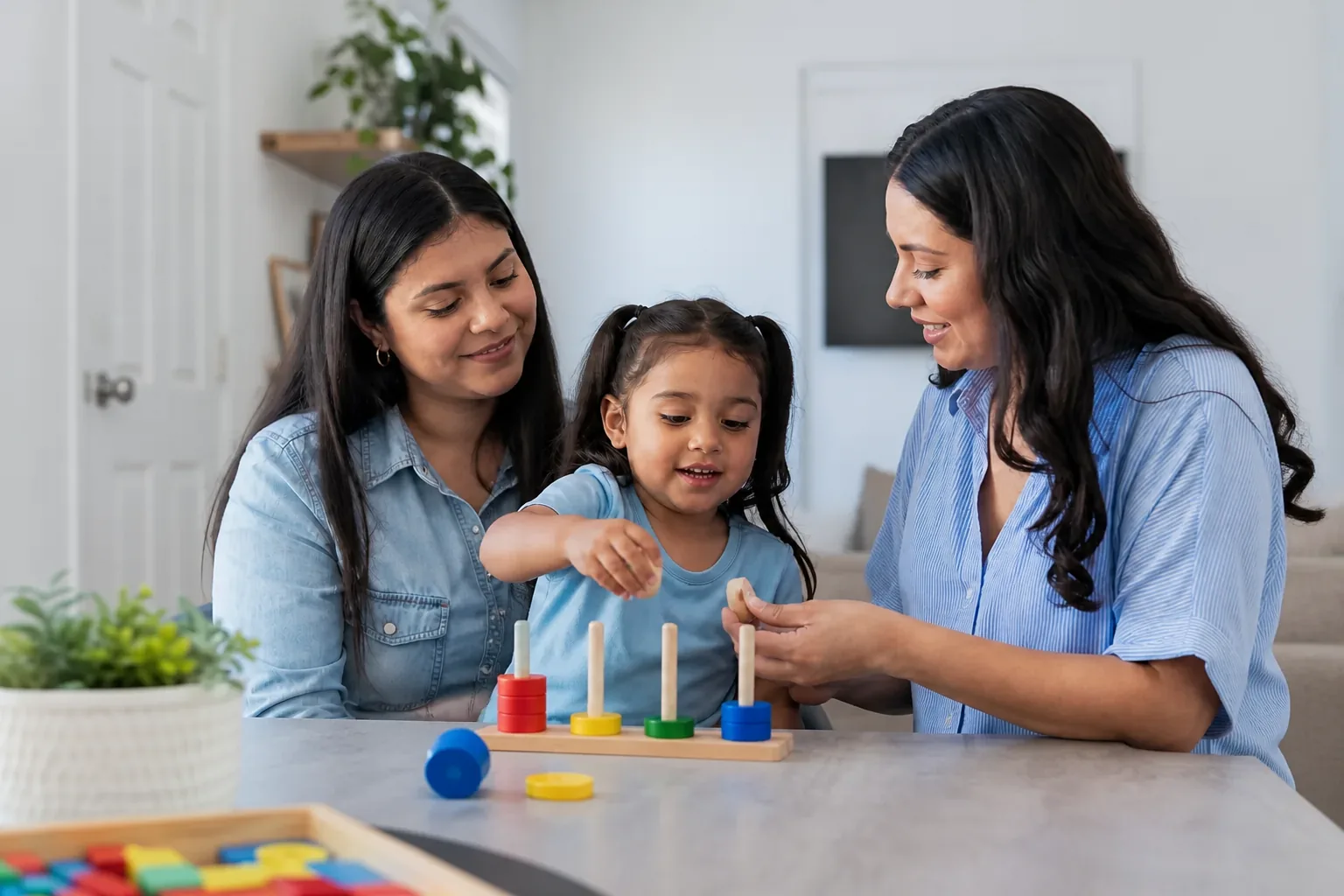 A mother, child, and behavior clinician working together through a play activity at home