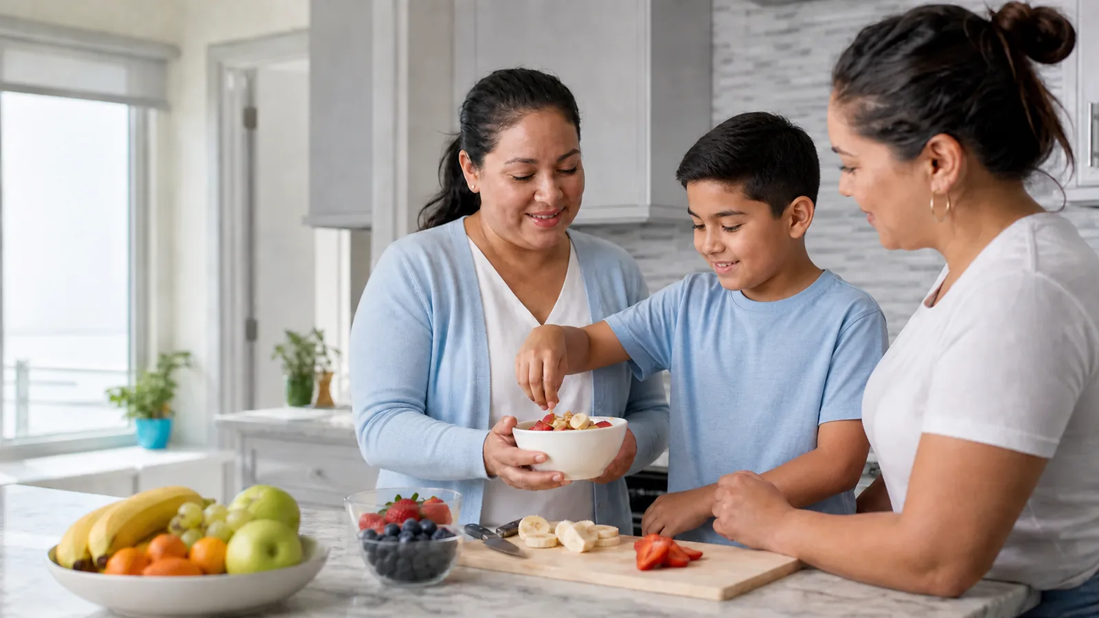 A caregiver helping a mother and child prepare fruit together at home